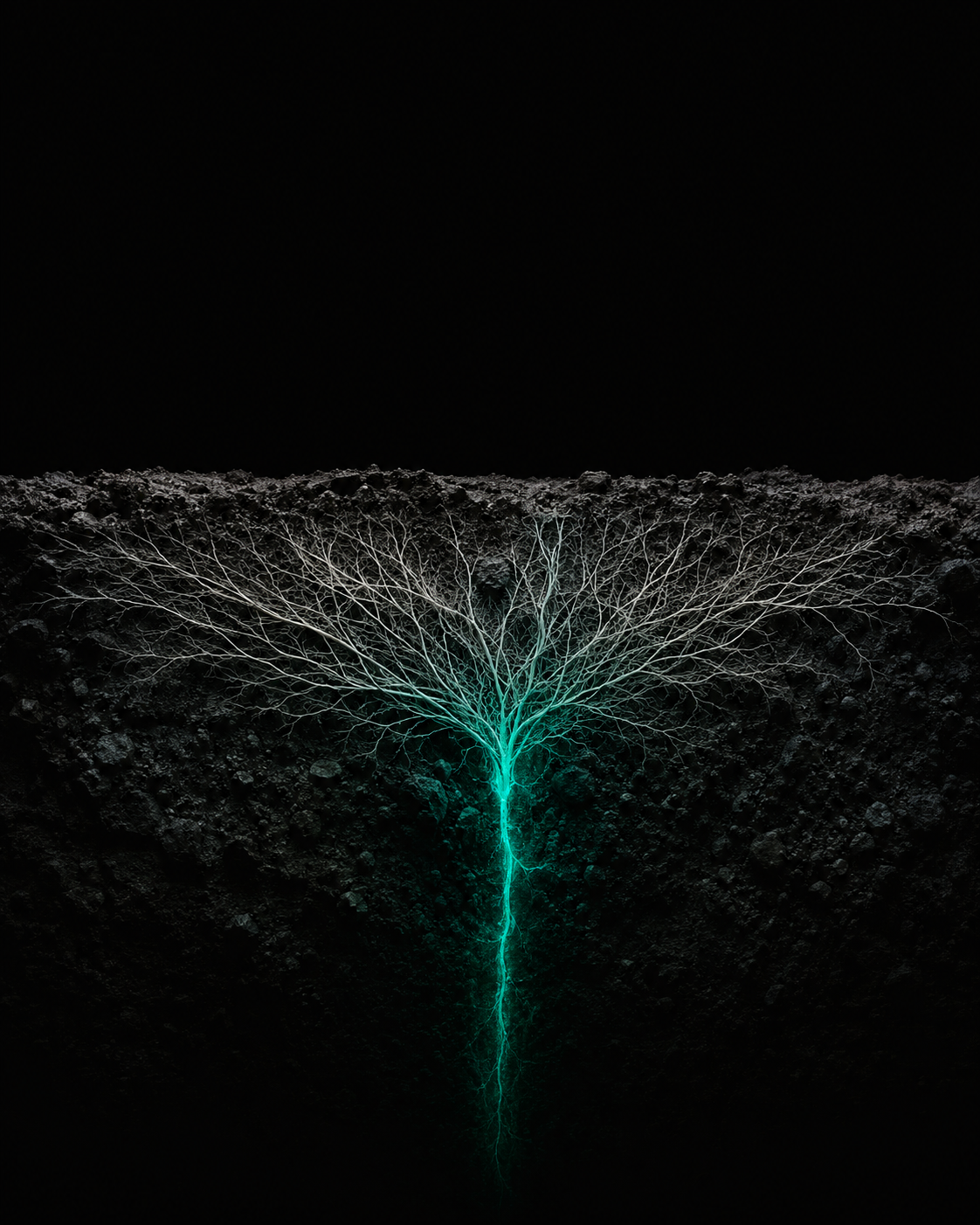 Root system spreading beneath dark soil, glowing teal at its core